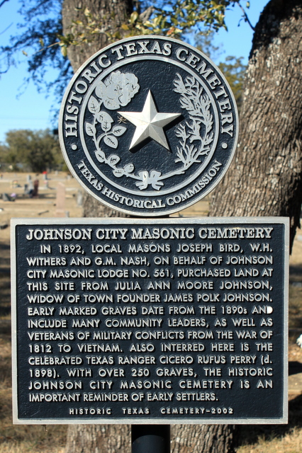 Texas Historic Cemetery marker at the Johnson City Masonic Cemetery, dedicated 2002 by the Texas Historical Commission.