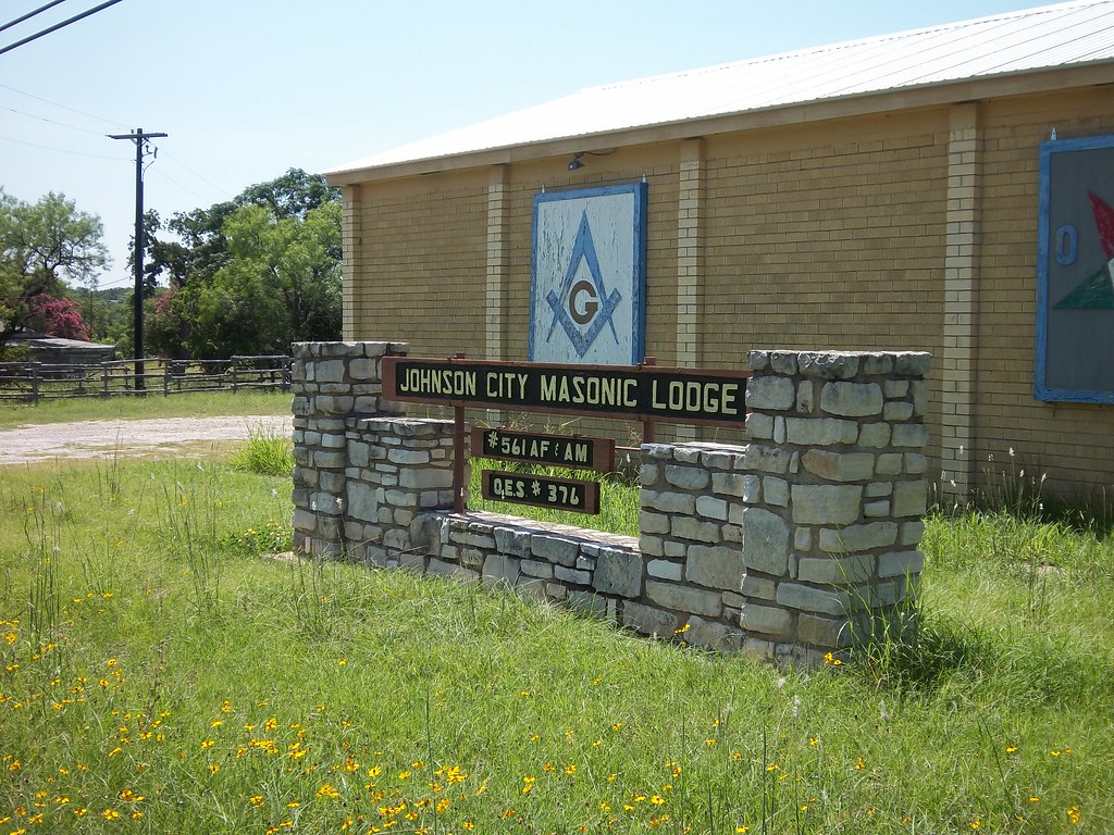 The Johnson City Masonic Lodge building on US-290 West, built 1951 — the third building in the lodge's lineage, recently sold.