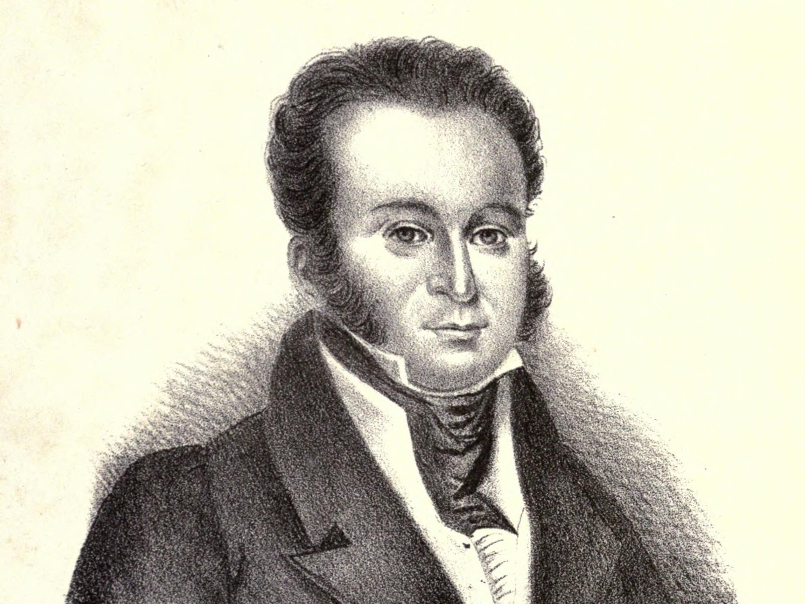 Black-and-white nineteenth-century lithograph portrait of Lorenzo de Zavala on cream paper: a man in early middle age with thick dark hair swept back from a high forehead, long side-whiskers, and a steady, faintly wry gaze, wearing a high white collar, dark cravat, ruffled shirtfront, and a dark coat with wide lapels.