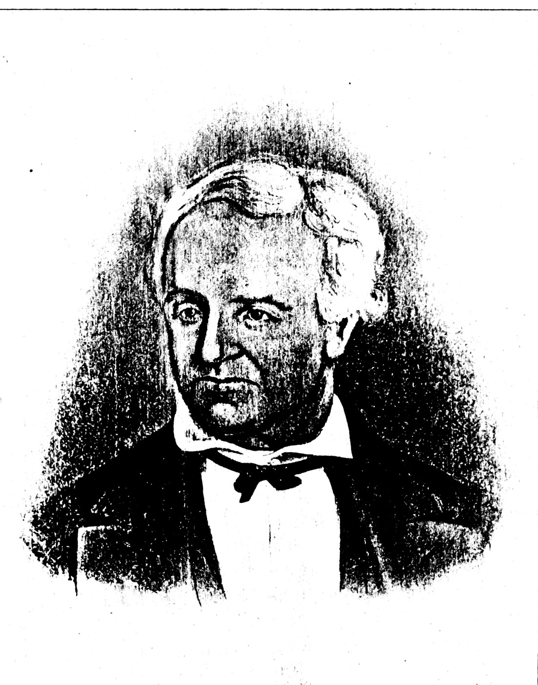 Engraved portrait of Samuel May Williams from an 1895 history of Texas: a man in late middle age with thick, light, swept-back hair, a broad forehead, level eyes, and a firm mouth, wearing a dark coat, high white collar, and black bow tie.